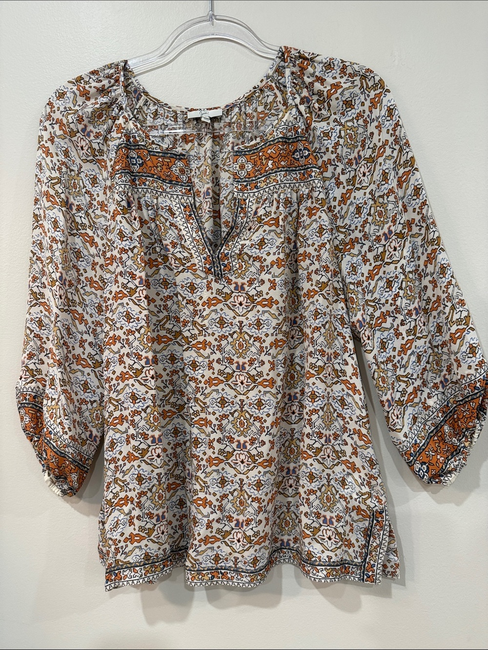 Joie Cream Tunic Peasant Blouse with Rust & Navy Print